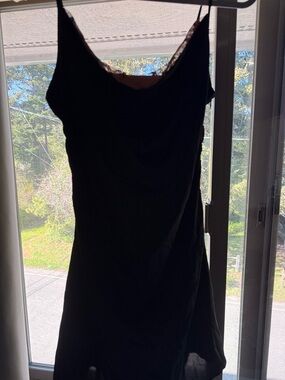 CIDER Black Slip Dress with Delicate Lace Trim